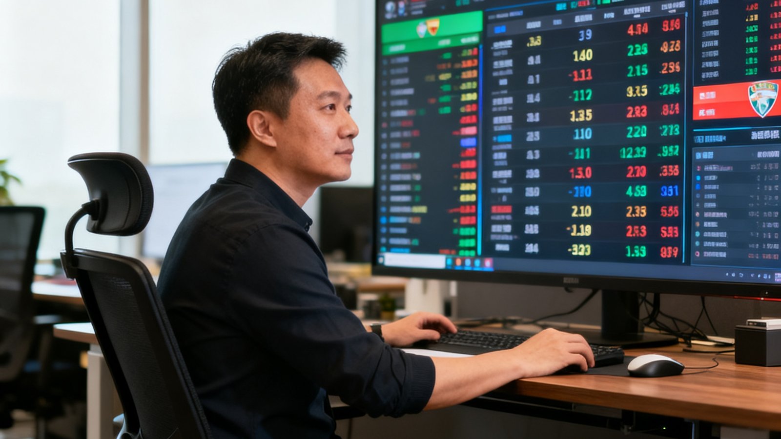 球探即时比分网创始人林峰正在办公室分析实时数据面板，背景是大屏幕上的五大联赛数据
