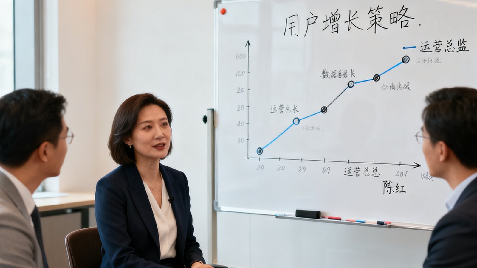 运营总监陈红正在与团队讨论用户增长策略，白板上写满数据增长曲线